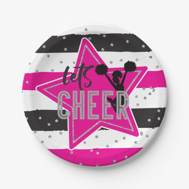 Assiettes En Carton Jour d'anniversaire de la Cheerleader rose argent  (Devant)