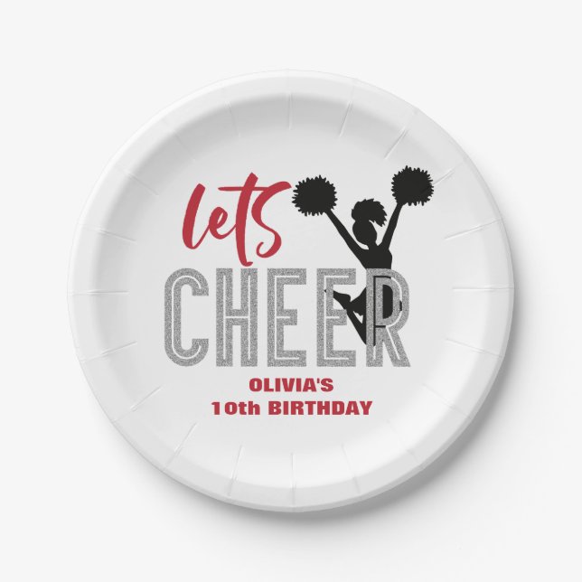 Assiettes En Carton Jour d'anniversaire de la Cheerleader rouge argent (Devant)