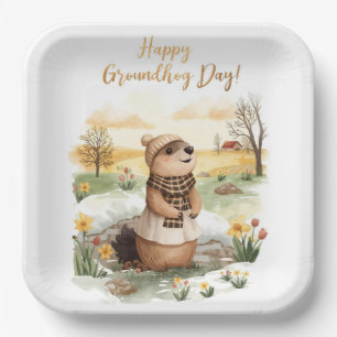 Assiettes En Carton Jour de la marmotte aquarelle