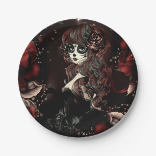Assiettes En Carton Jour des Morts Fille Mexicaine Anniversaire Rouge