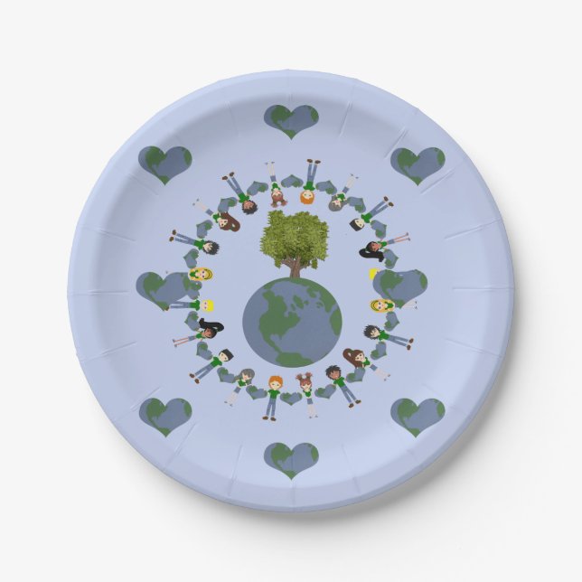 Assiettes En Carton Jour des terres Enfants avec Arbre Whimsical Carto (Devant)