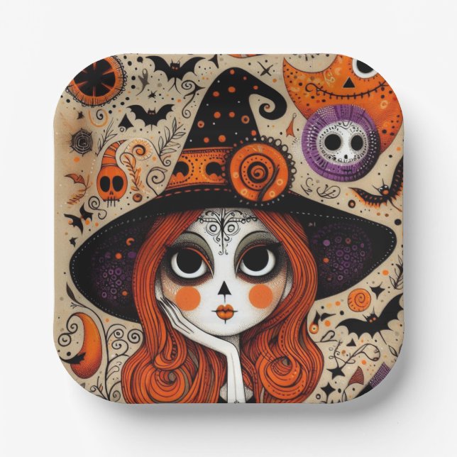 Assiettes En Carton Jour d'Halloween de la sorcière morte (Recto)