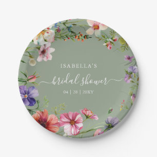 Assiettes En Carton Journée de fête de mariage florale vert sauge