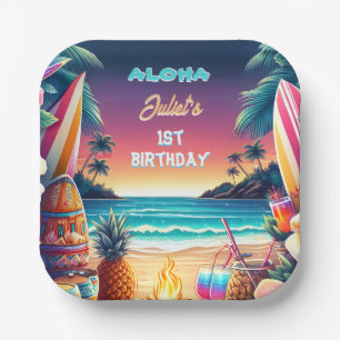Assiettes En Carton Joy hula Luau Surf aloha hawaiian 1er anniversaire