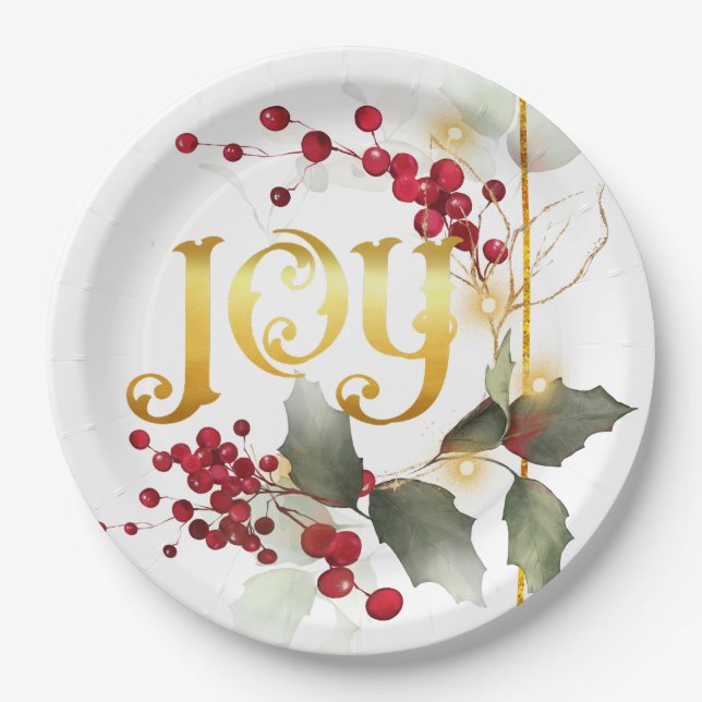 Assiettes En Carton JOY Pointesettias Holly Berries Plaques de papier (Devant)