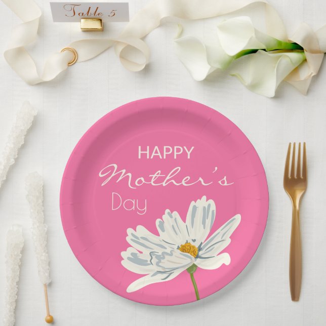 Assiettes En Carton Joyeuse Fête des Mères Fleur Artistique blanche (Mariage)