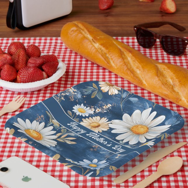 Assiettes En Carton Joyeuse fête des mères Marguerites bleues et blanc (Pique-nique)