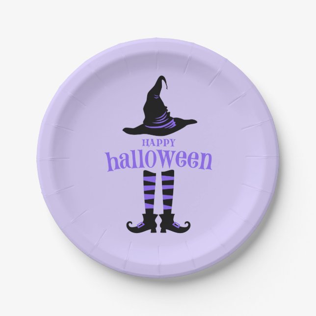 Assiettes En Carton Joyeuse fête des sorcières violettes d'Halloween (Devant)