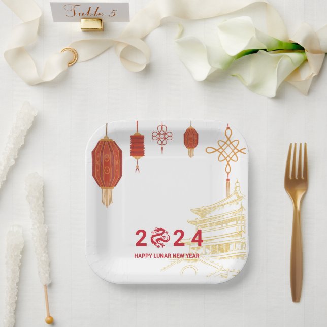 Assiettes En Carton Joyeuse fête du Nouvel An chinois 2024 (Mariage)