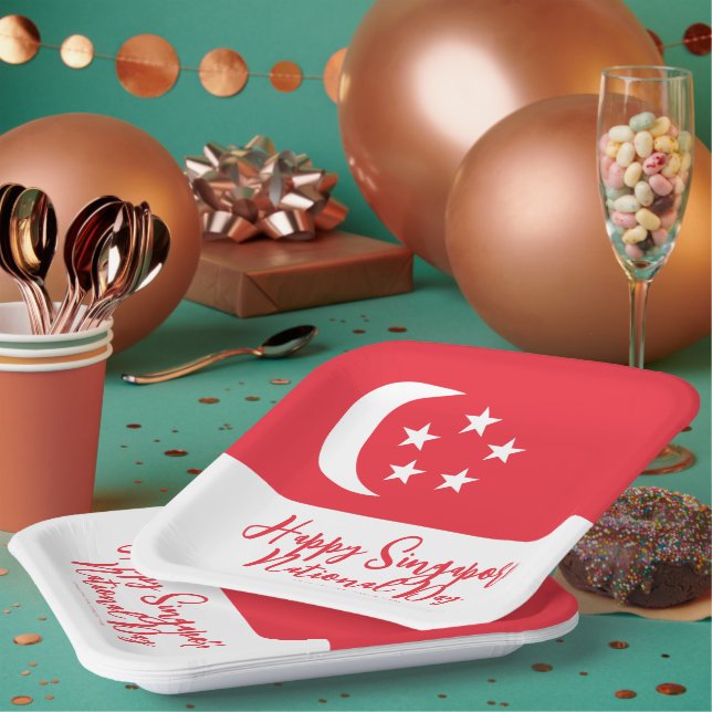 Assiettes En Carton Joyeuse fête nationale de Singapour Drapeau de Sin (Multi)