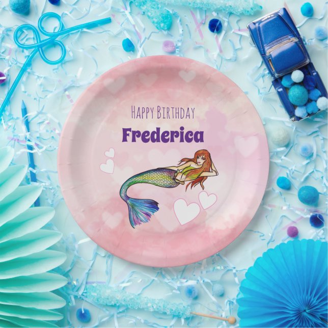 Assiettes En Carton Joyeuse fille d'anniversaire Rainbow Mermaid Illus (Fête)