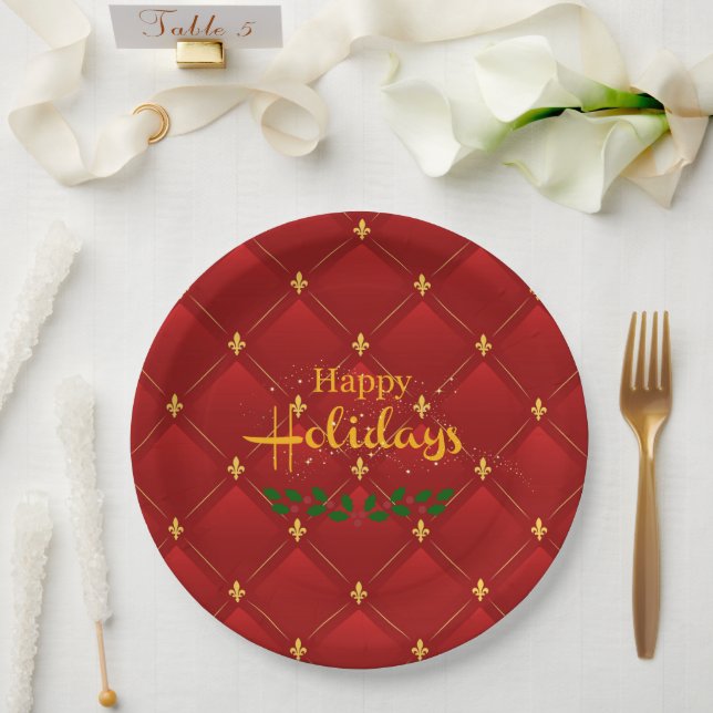 Assiettes En Carton Joyeuses fêtes, rouge et or festif, (Mariage)