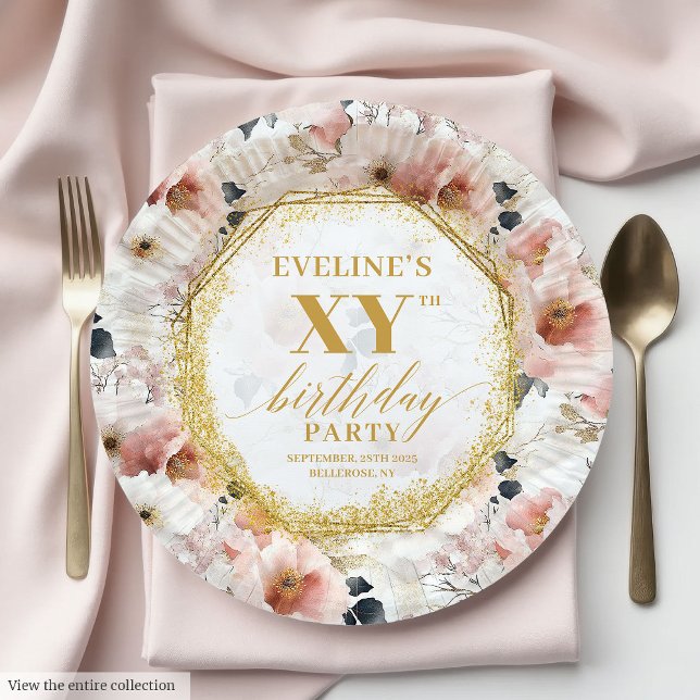 Assiettes En Carton Joyeuses Plaques de papier d'Anniversaire rose pâl (Joyful Floral Dusty Pink Birthday Paper Plates)