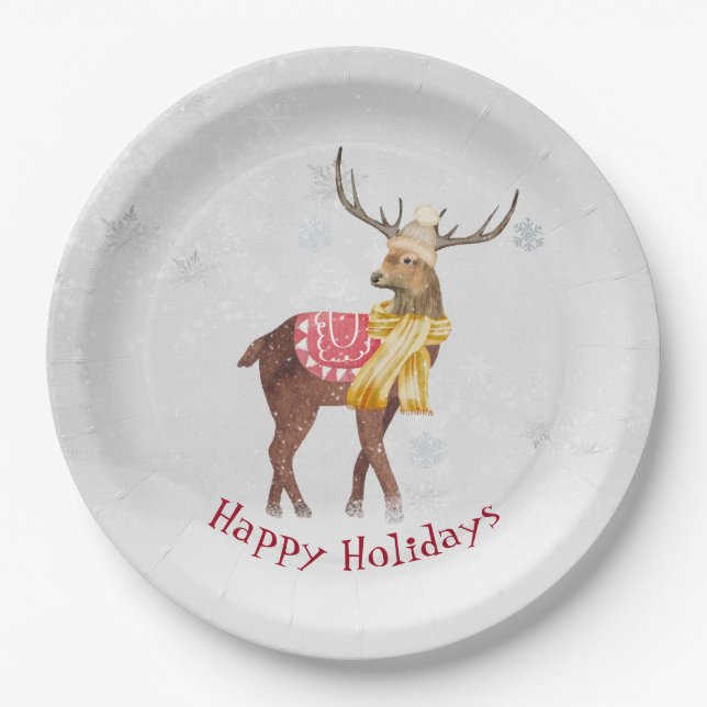 Assiettes En Carton Joyeuses Vacances Cerfs En Neige (Devant)