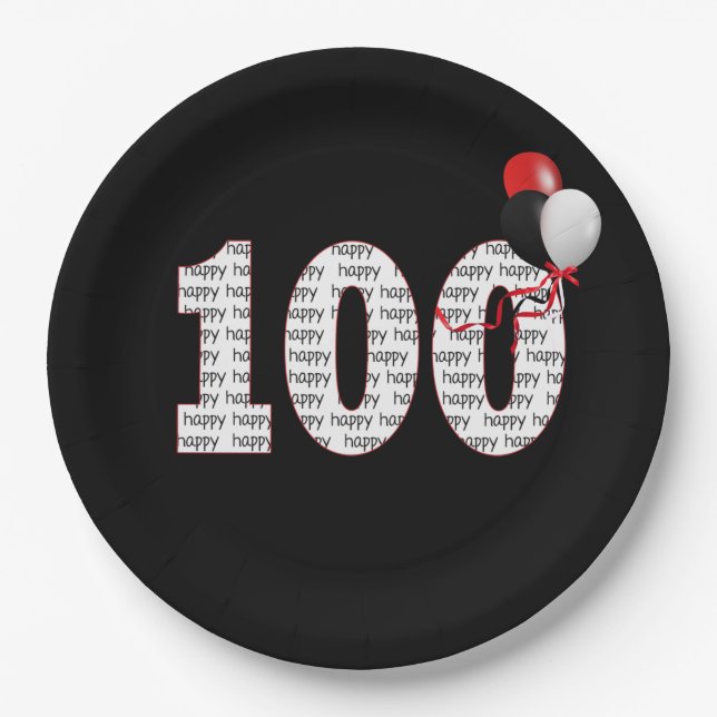 Assiettes En Carton Joyeux 100e anniversaire sur plaque de papier noir (Devant)