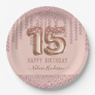 Assiettes En Carton Joyeux 15e anniversaire des gouttes de diamant ros