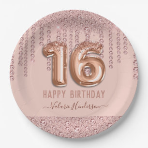 Assiettes En Carton Joyeux 16e anniversaire avec des gouttes de diaman