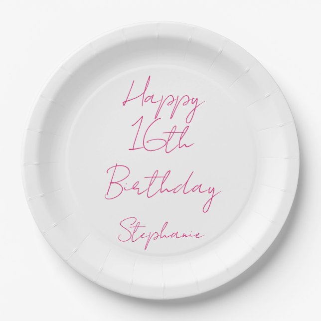 Assiettes En Carton Joyeux 16e anniversaire rose blanc XVIe 2024 (Devant)