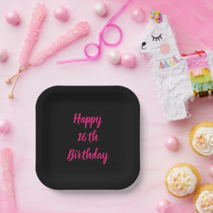 Assiettes En Carton Joyeux 16e anniversaire rose noir couleur personna