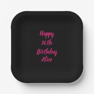 Assiettes En Carton Joyeux 16e anniversaire rose noir personnalisé Nom
