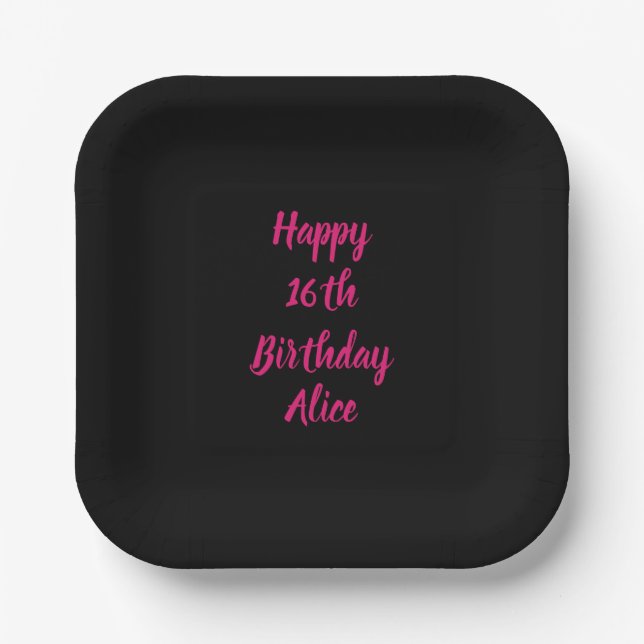 Assiettes En Carton Joyeux 16e anniversaire rose noir personnalisé Nom (Recto)