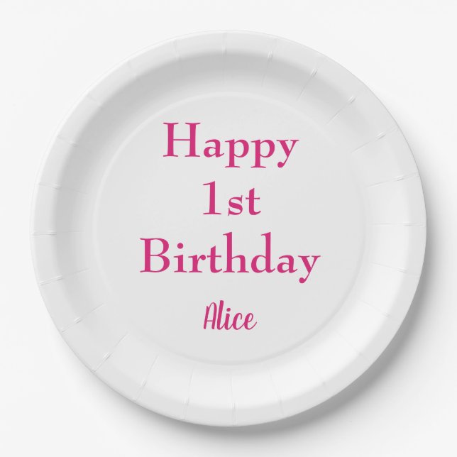 Assiettes En Carton Joyeux 1er anniversaire rose blanc Nom personnalis (Devant)