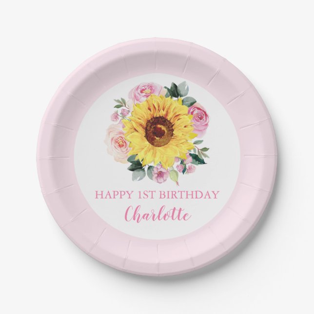Assiettes En Carton Joyeux 1er anniversaire tournesol rose floral (Devant)