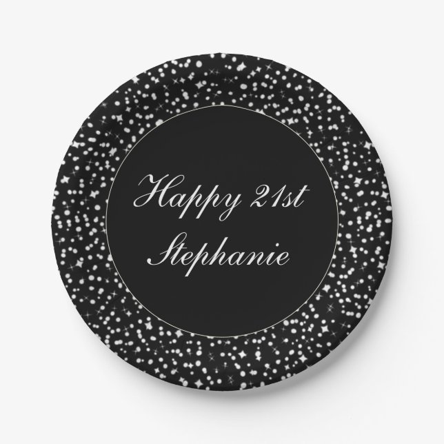 Assiettes En Carton Joyeux 21e anniversaire Sparkle Confetti Noir (Devant)