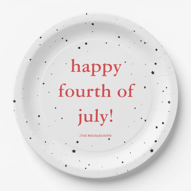 Assiettes En Carton Joyeux 4 juillet avec nom et étoiles (Devant)