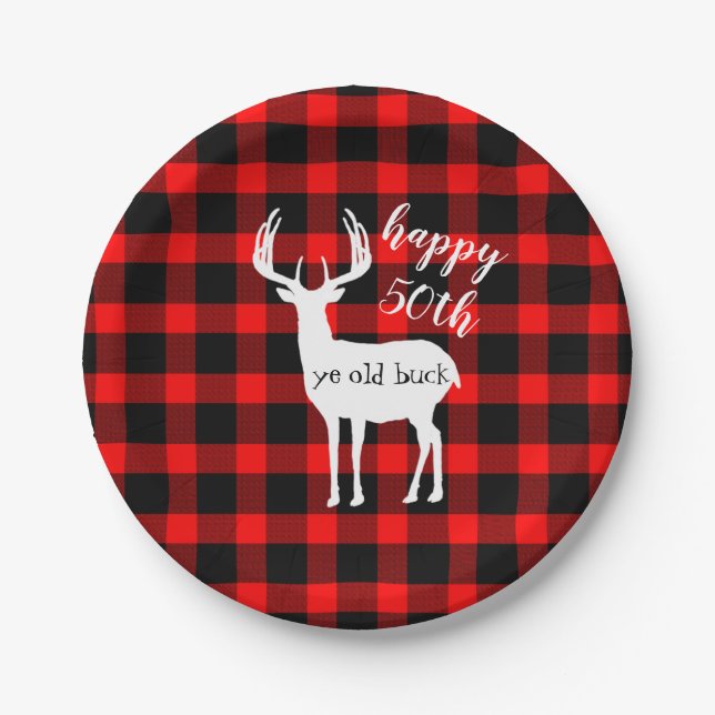Assiettes En Carton Joyeux 50e anniversaire Buck Buffalo Plaid (Devant)