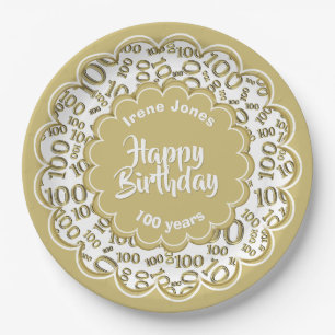 Assiettes En Carton Joyeux anniversaire 100e Motif numérique or et bla