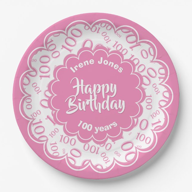 Assiettes En Carton Joyeux anniversaire 100e Motif numérique rose/blan (Devant)