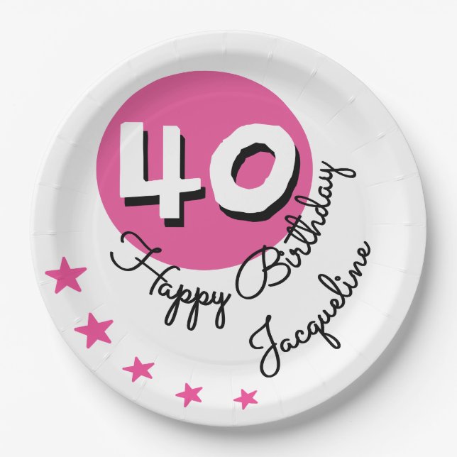 Assiettes En Carton Joyeux Anniversaire 40ème Pink Nom personnalisé (Devant)