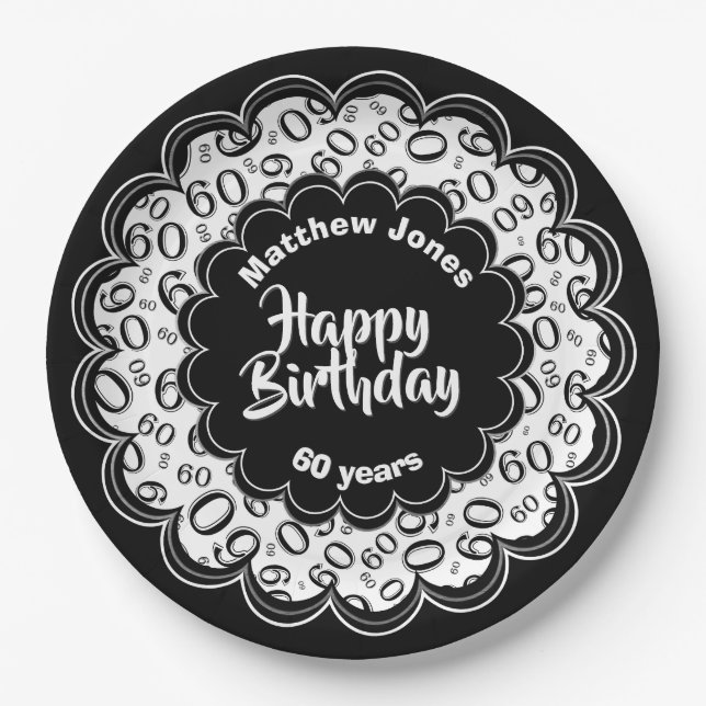 Assiettes En Carton Joyeux anniversaire 60e Noir/Blanc Motif numérique (Devant)