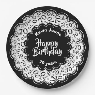 Assiettes En Carton Joyeux anniversaire 70e Motif numérique noir et bl