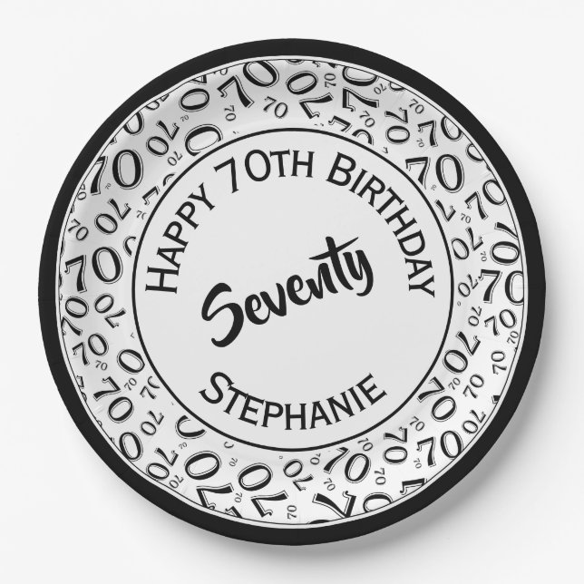 Assiettes En Carton Joyeux anniversaire 70e Noir/Blanc Motif numérique (Devant)