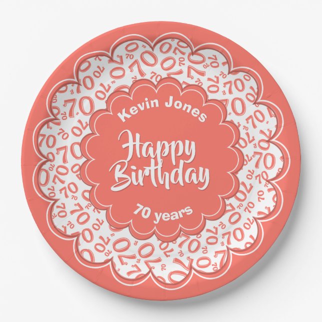Assiettes En Carton Joyeux anniversaire 70e Turquoise/Motif numérique  (Devant)