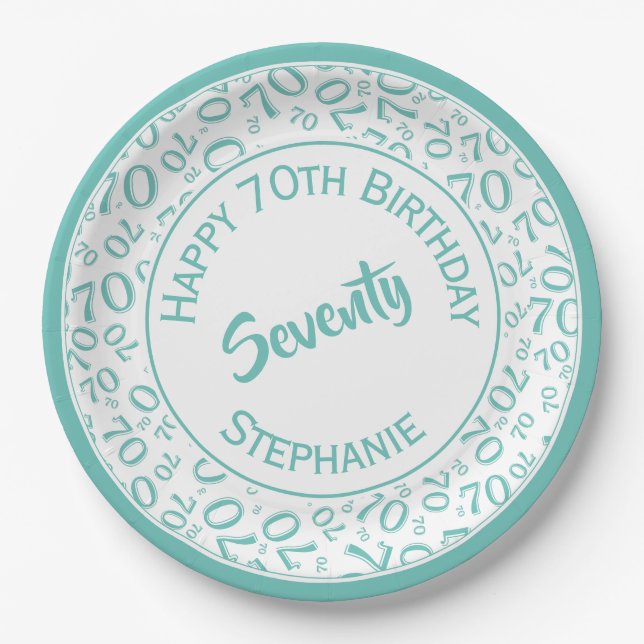Assiettes En Carton Joyeux anniversaire 70e Turquoise/Motif numérique  (Devant)