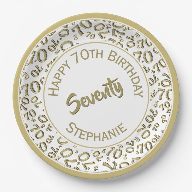 Assiettes En Carton Joyeux anniversaire 70ème Gold/Motif numérique bla (Devant)