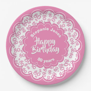 Assiettes En Carton Joyeux anniversaire 80e Motif numérique rose et bl