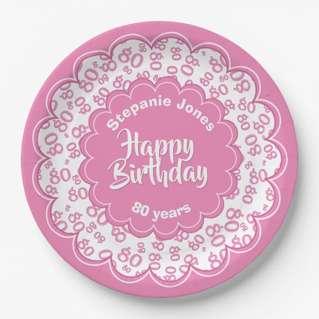 Assiettes En Carton Joyeux anniversaire 80e Motif numérique rose et bl (Devant)