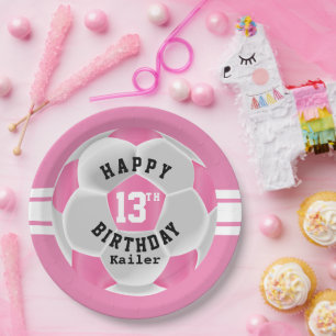 Assiettes En Carton Joyeux anniversaire - Bal de football rose et blan