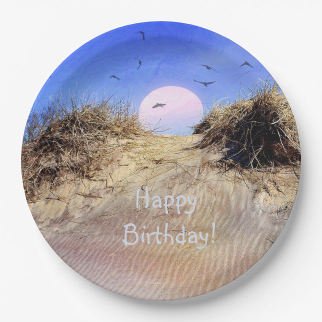 Assiettes En Carton Joyeux Anniversaire Beach Sunrise (Devant)