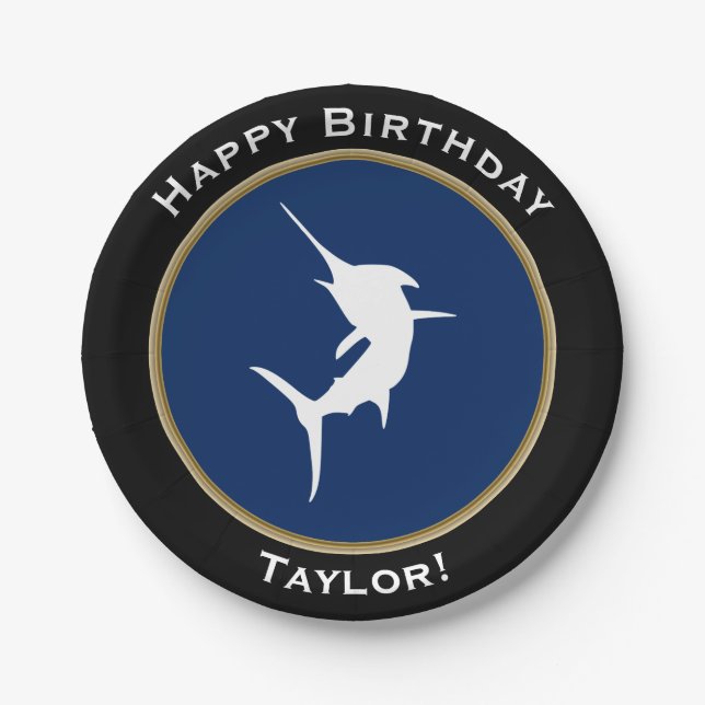 Assiettes En Carton Joyeux anniversaire blanc nautique de Marlin avec (Devant)