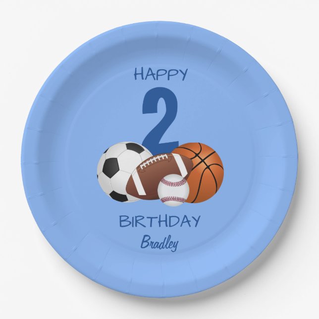 Assiettes En Carton Joyeux Anniversaire Bleu Sports Enfants (Devant)