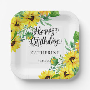 Assiettes En Carton Joyeux Anniversaire Boho Sunflowers   Eucalyptus