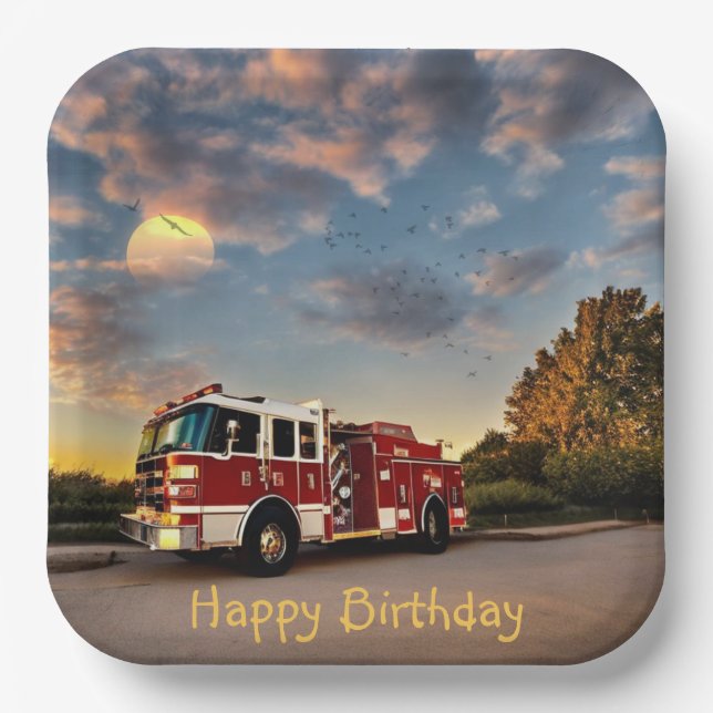 Assiettes En Carton Joyeux Anniversaire Camion de Pompiers (Recto)