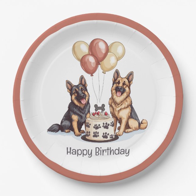Assiettes En Carton Joyeux Anniversaire Chiens berger allemands Gâteau (Devant)