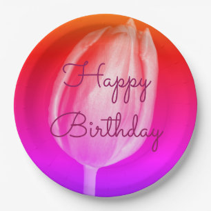 Assiettes En Carton Joyeux Anniversaire Colorée Tulipes rose violet
