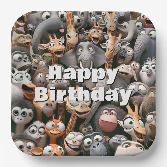 Assiettes En Carton Joyeux Anniversaire Crazy Wildlife Group (Recto)